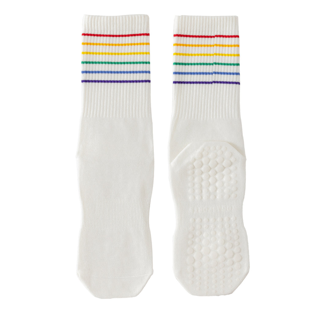 Rainbow-Stripe Non-Slip Grip Socks for Pilates & Barre - White