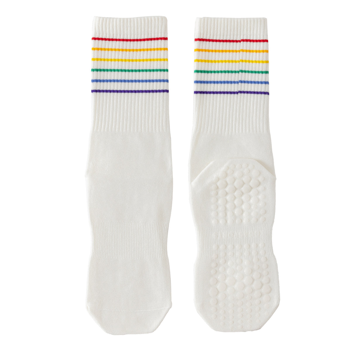 Rainbow-Stripe Non-Slip Grip Socks for Pilates & Barre - White