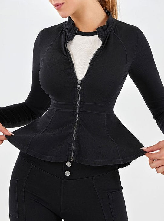 Peplum Zip-Up Stretch Denim Jacket - Black