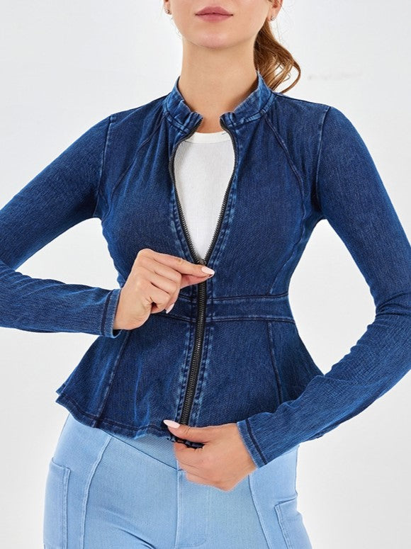 Peplum Zip-Up Stretch Denim Jacket - DarkBlue