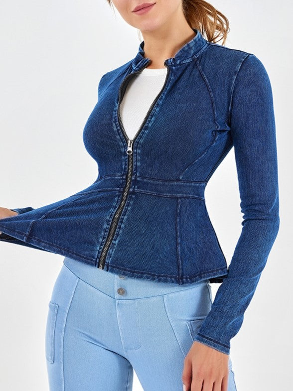 Peplum Zip-Up Stretch Denim Jacket - DarkBlue - 1