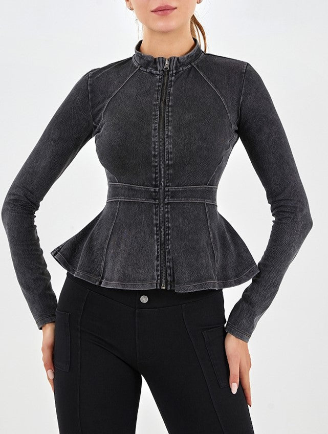 Peplum Zip-Up Stretch Denim Jacket - DarkGrey