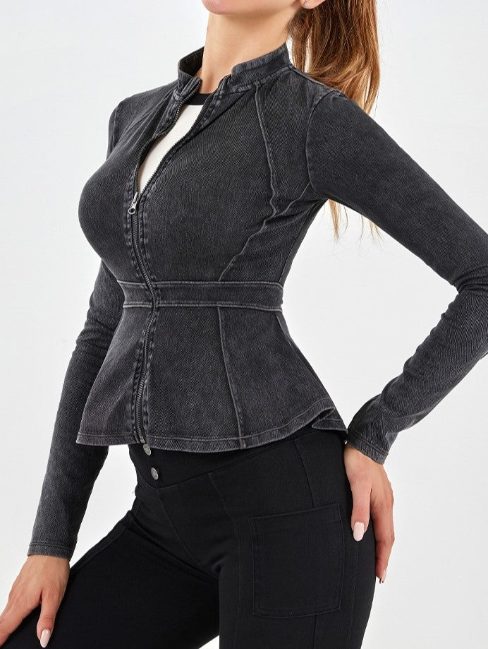 Peplum Zip-Up Stretch Denim Jacket - DarkGrey - 1