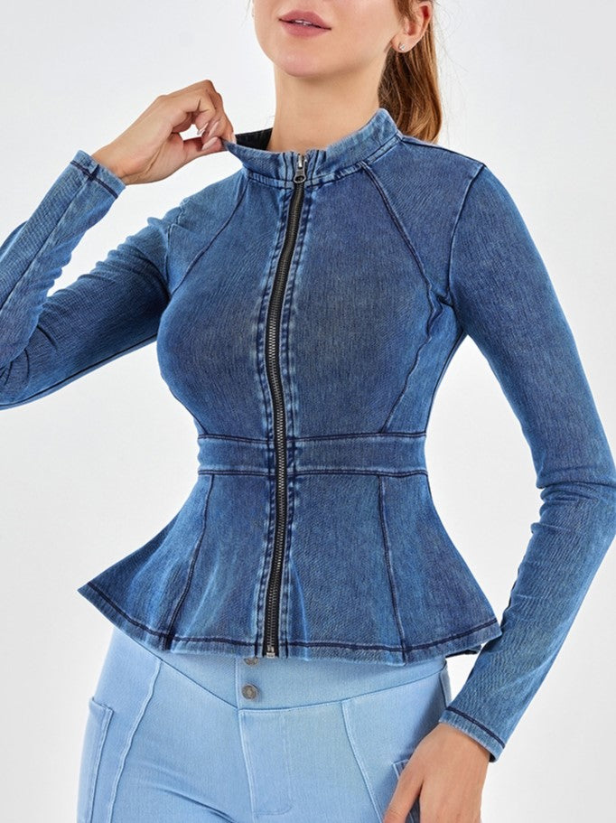 Peplum Zip-Up Stretch Denim Jacket