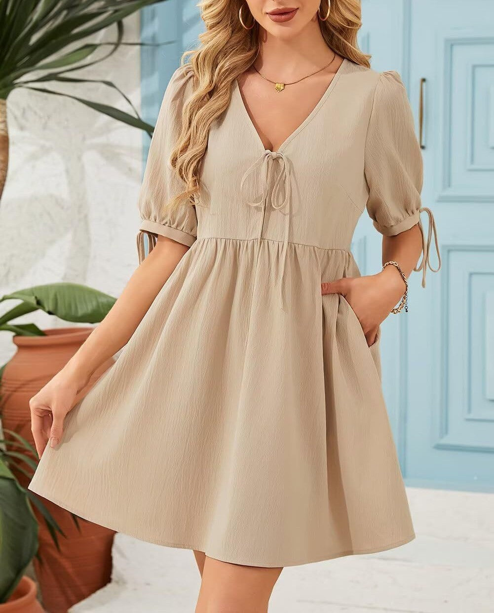 Gathered Waist Babydoll Dress With Pockets - Apricot