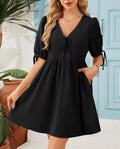 Gathered Waist Babydoll Dress With Pockets - Black