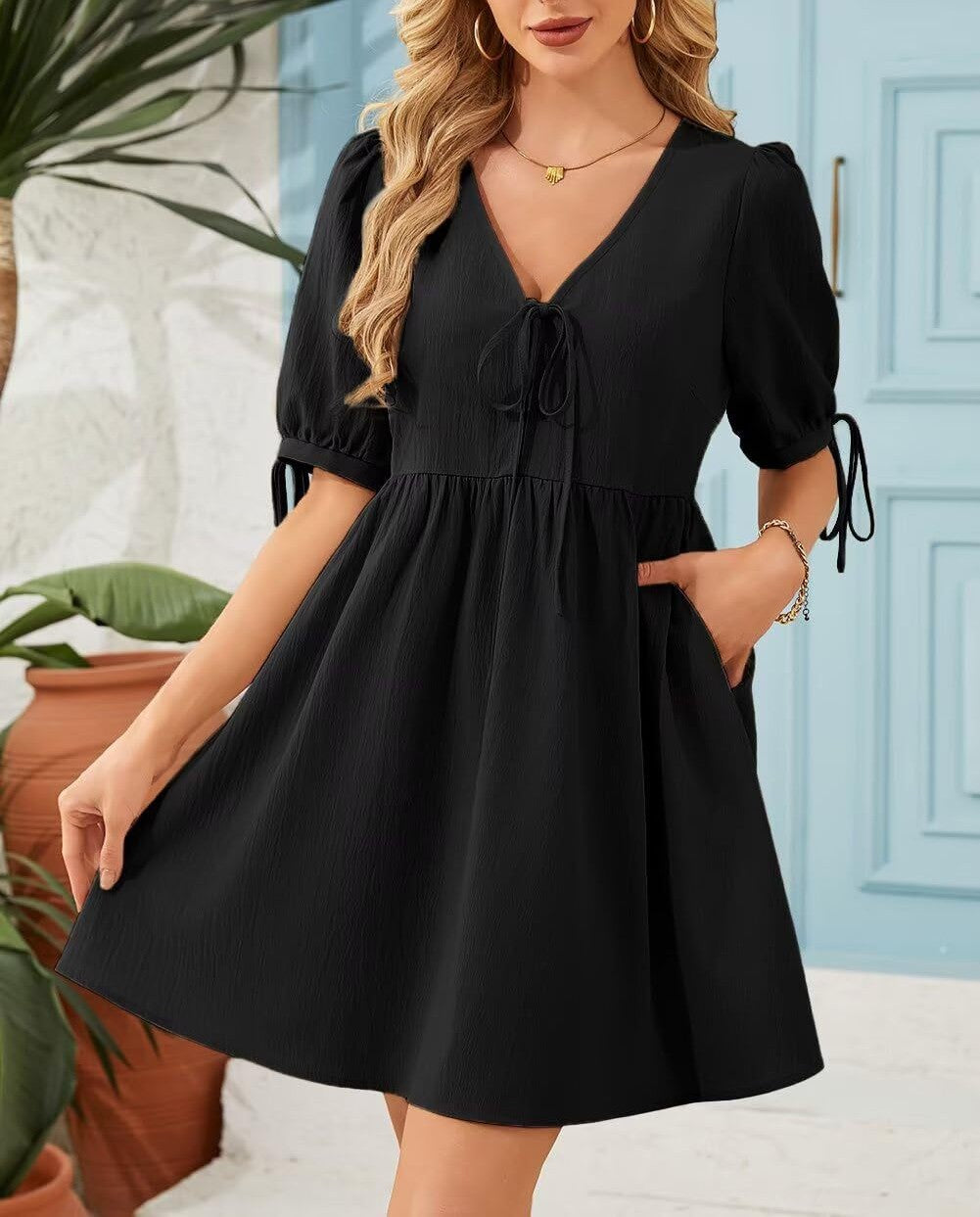 Gathered Waist Babydoll Dress With Pockets - Black