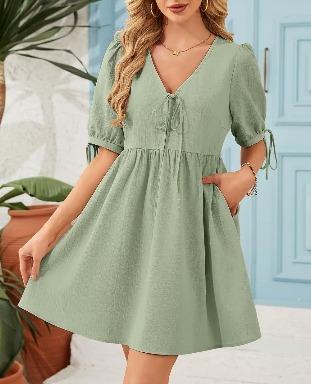 Gathered Waist Babydoll Dress With Pockets - Green