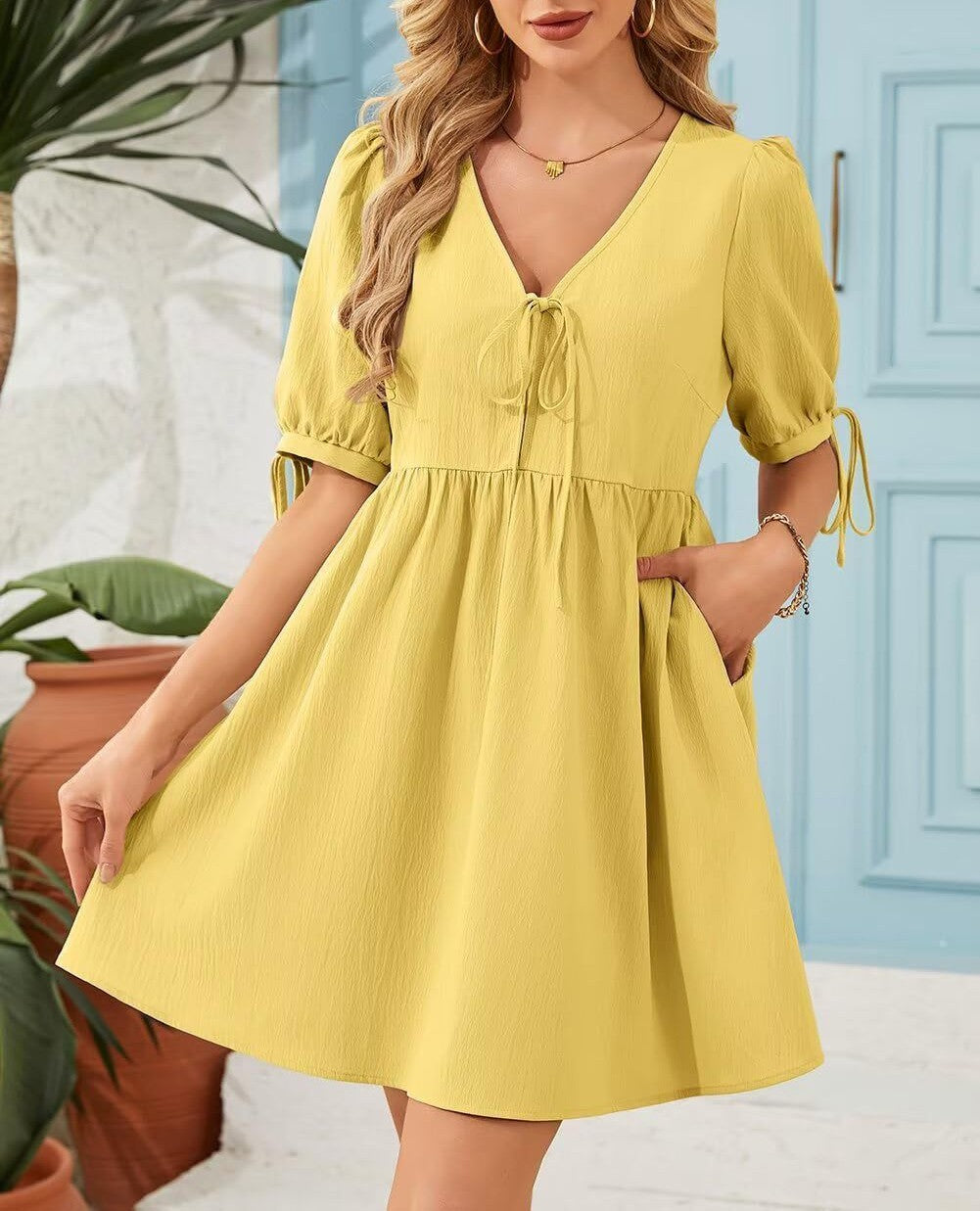 Gathered Waist Babydoll Dress With Pockets - Yellow