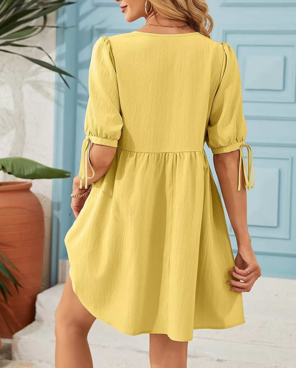 Gathered Waist Babydoll Dress With Pockets - Yellow - 1