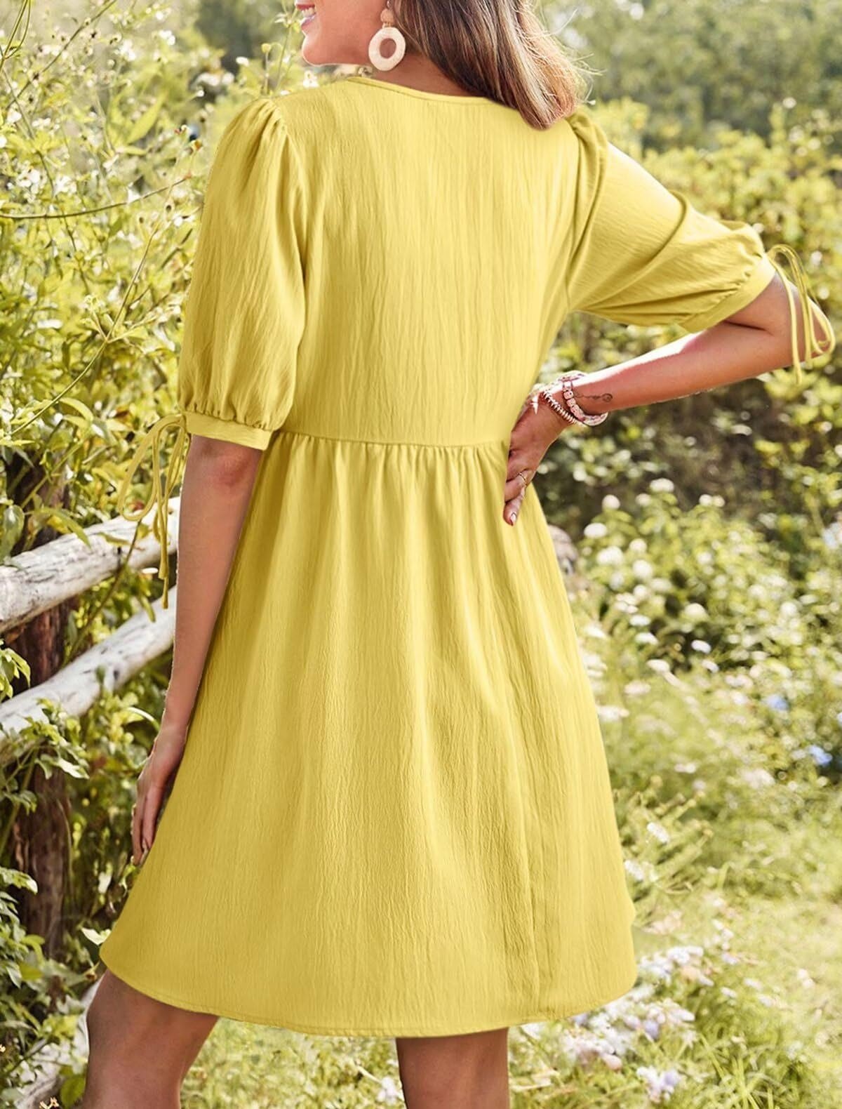 Gathered Waist Babydoll Dress With Pockets - Yellow - 2