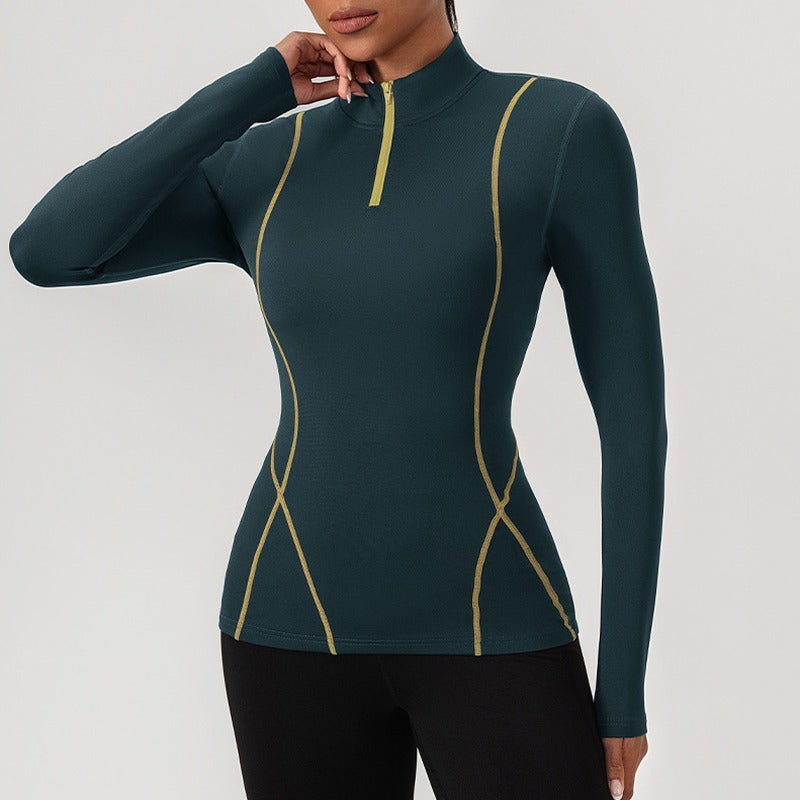 Fleece Lined Contrast Stitch Half Zip Workout Top - Dark Green