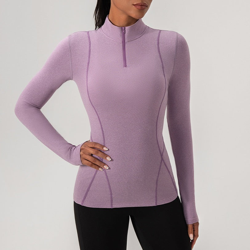 Fleece Lined Contrast Stitch Half Zip Workout Top - Lavender
