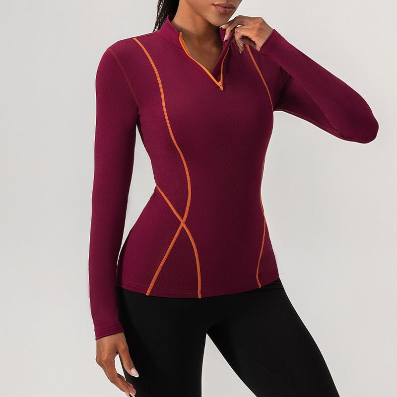 Fleece Lined Contrast Stitch Half Zip Workout Top - Wine