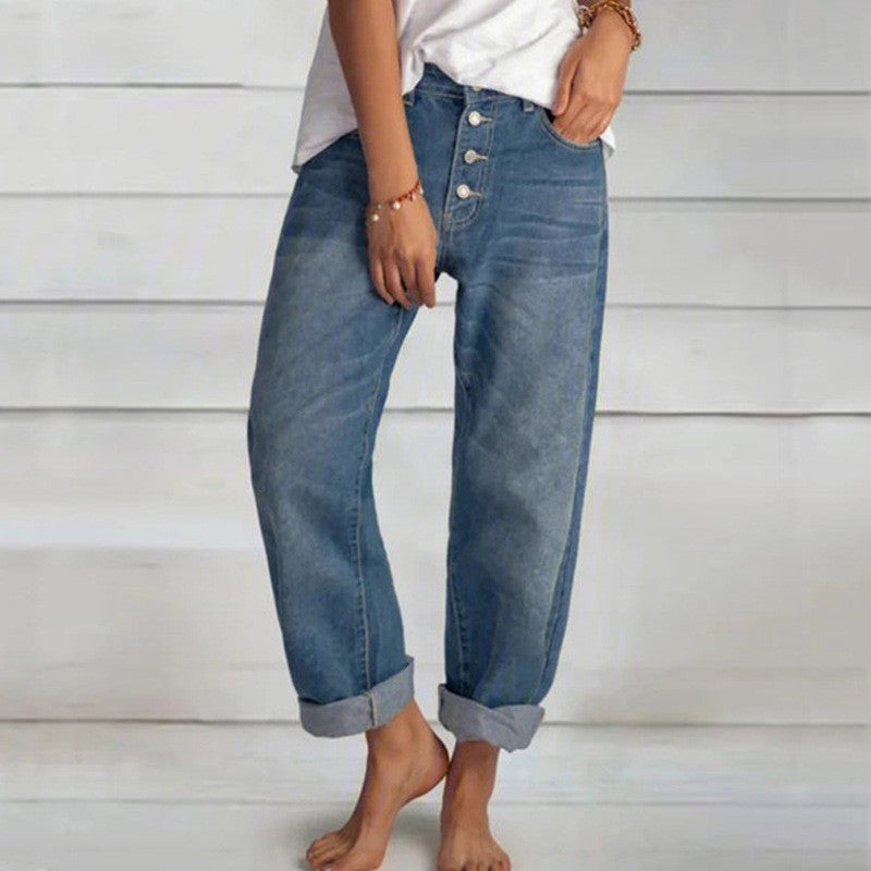 Medium Wash High Rise Button Fly Straight Jeans
