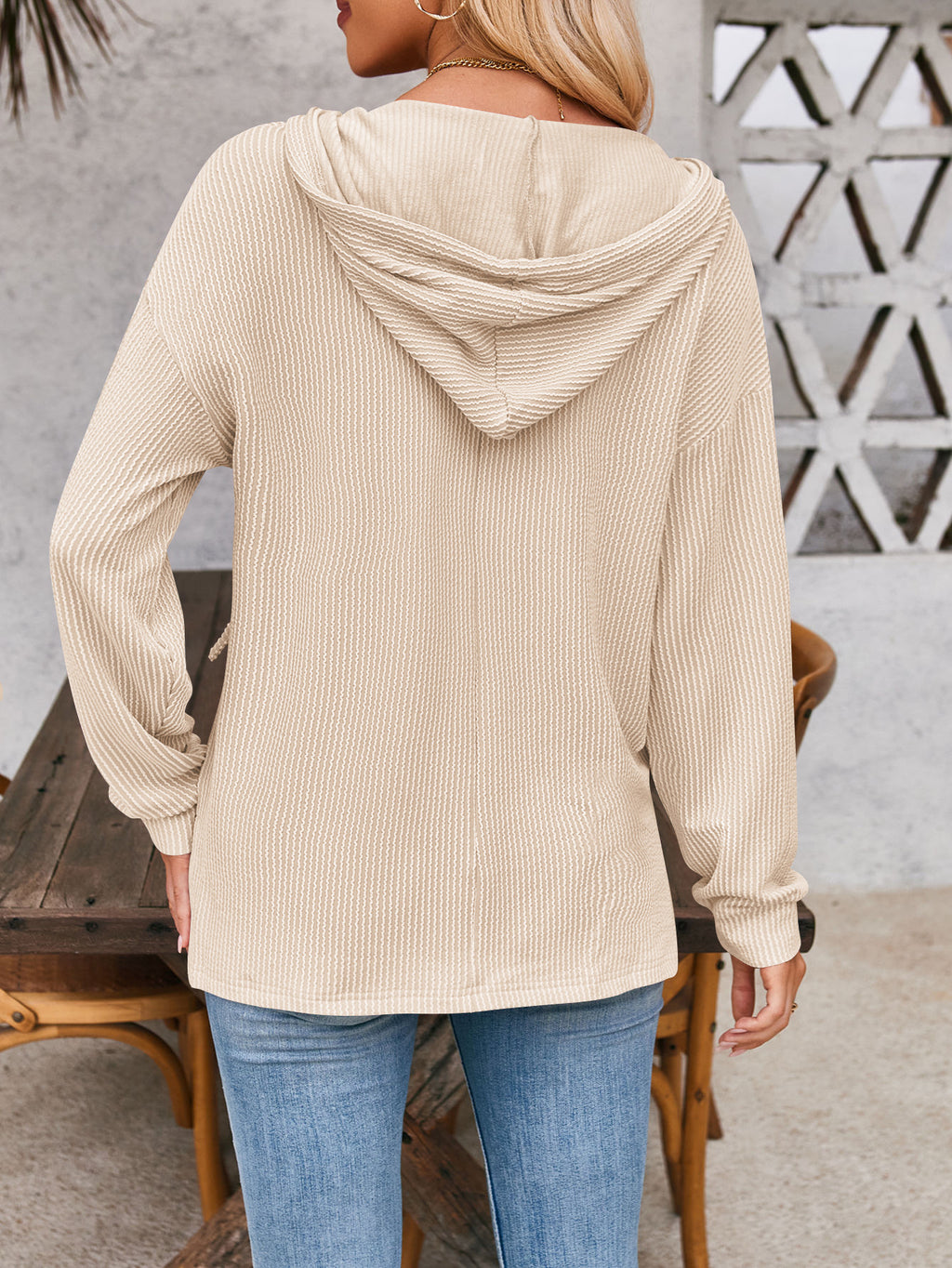 Waffle Knit Drawstring Hooded Pullover - Khaki - 1