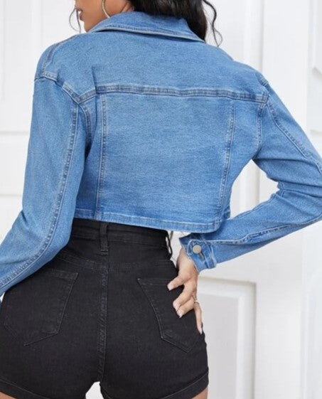 Cropped Denim Jacket With Drawstring Hem - Blue - 2