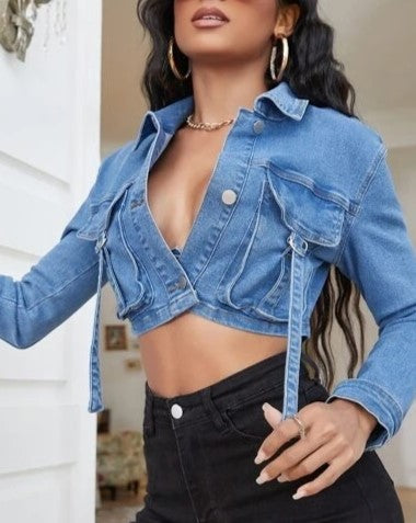 Cropped Denim Jacket With Drawstring Hem - Blue - 3