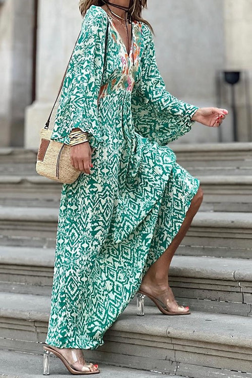 Abstract Print Tiered Boho Maxi Dress - green