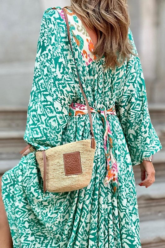 Abstract Print Tiered Boho Maxi Dress - green - 1