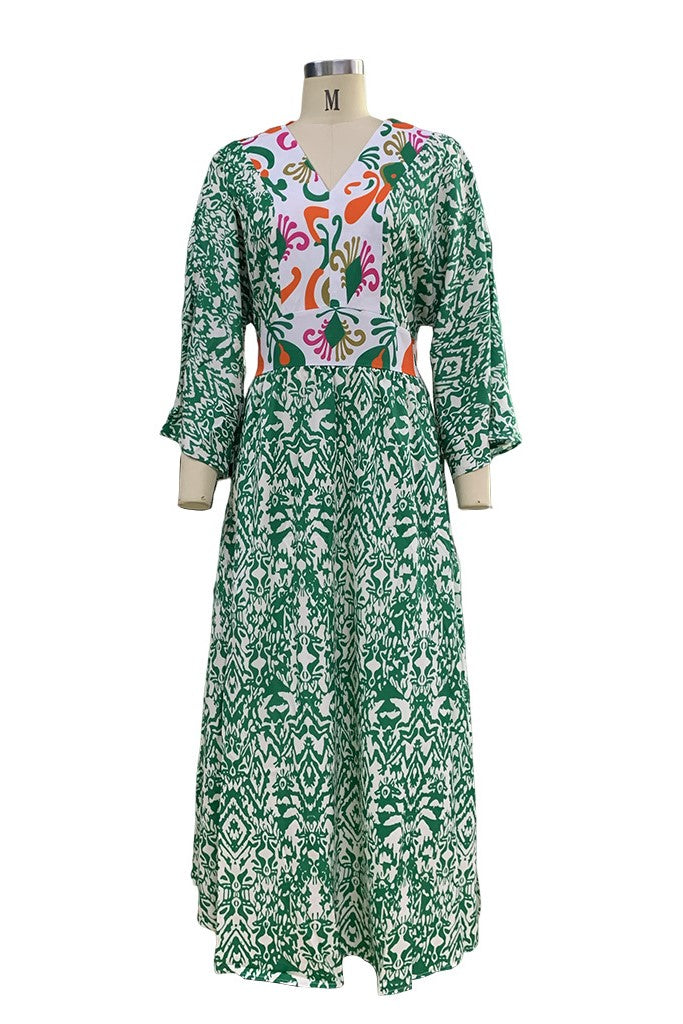 Abstract Print Tiered Boho Maxi Dress - green - 2