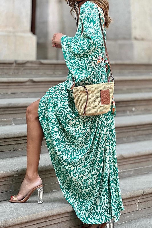 Abstract Print Tiered Boho Maxi Dress - green - 4