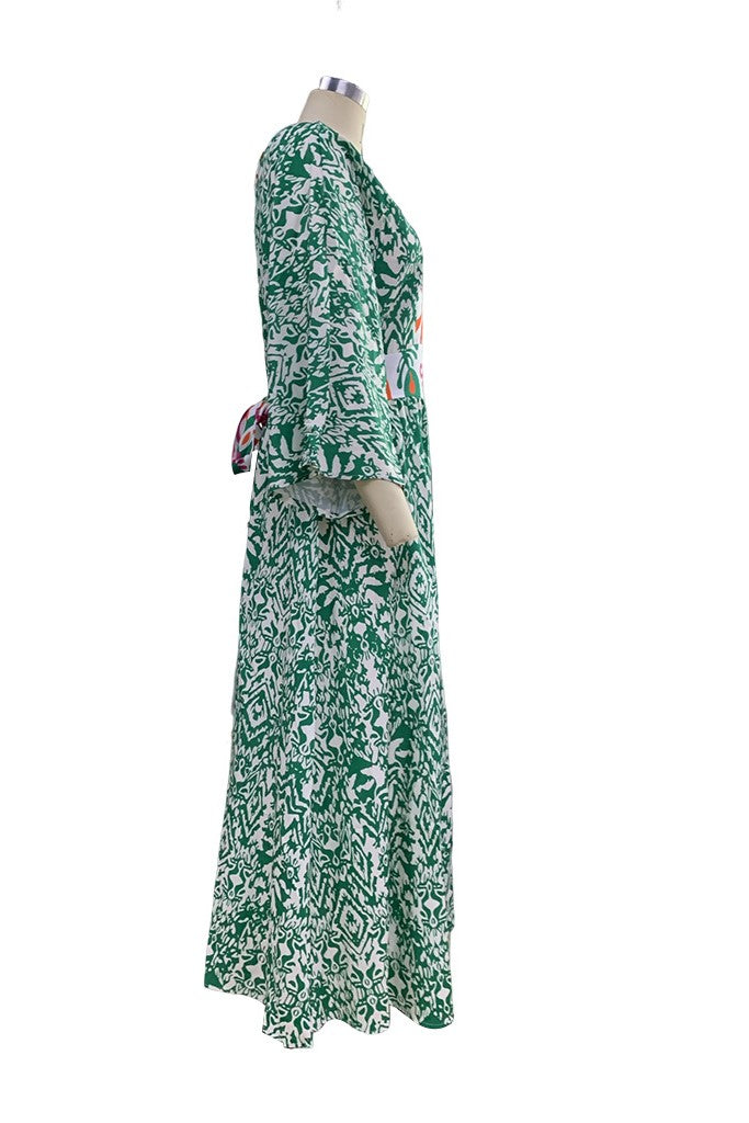 Abstract Print Tiered Boho Maxi Dress - green - 5