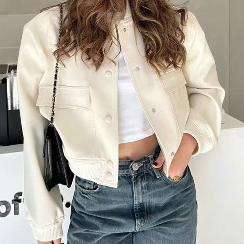 Cropped Button Front Bomber Jacket - Beige