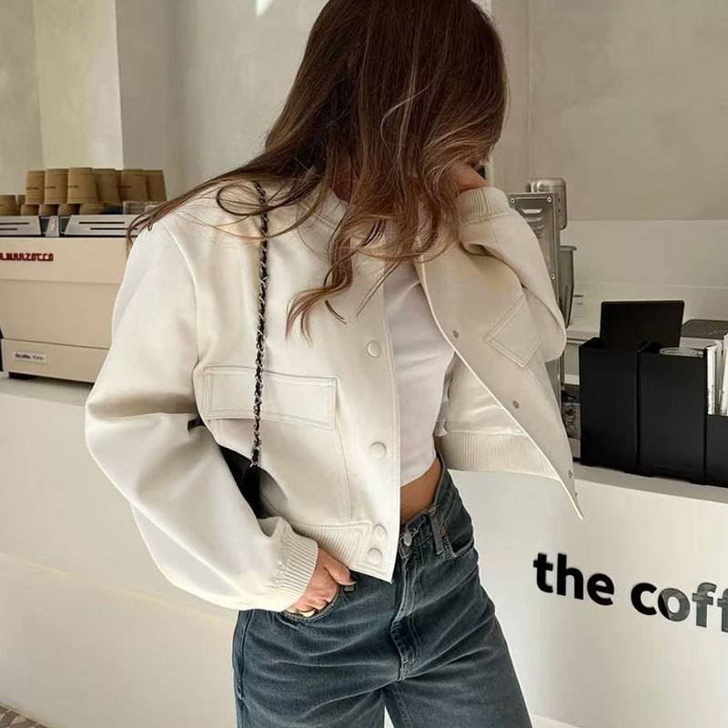 Cropped Button Front Bomber Jacket - Beige - 1