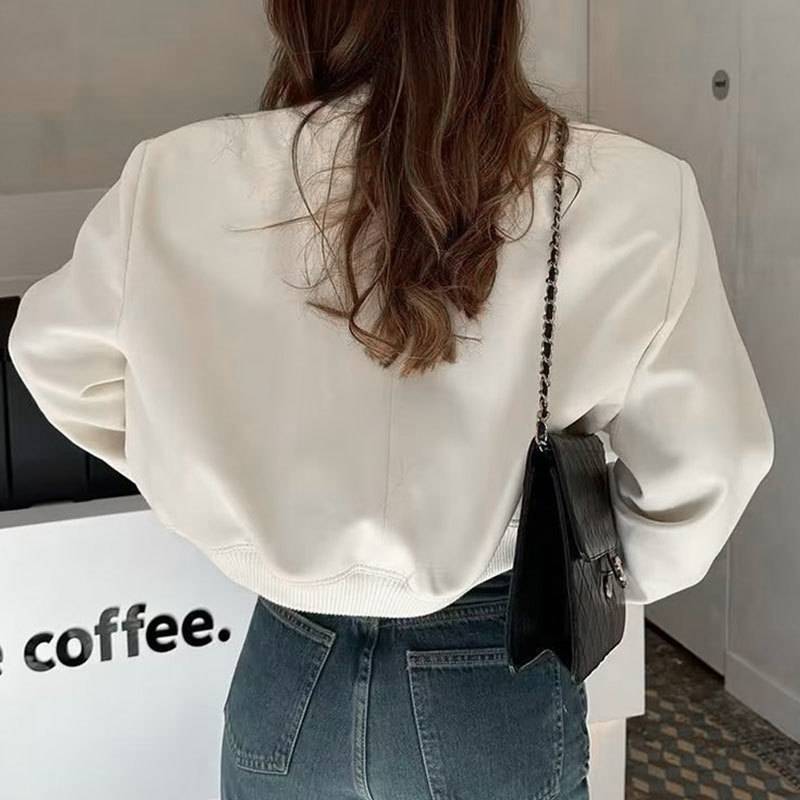 Cropped Button Front Bomber Jacket - Beige - 2