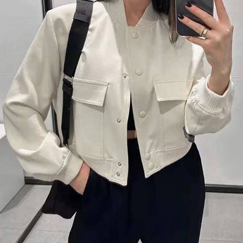 Cropped Button Front Bomber Jacket - Beige - 3