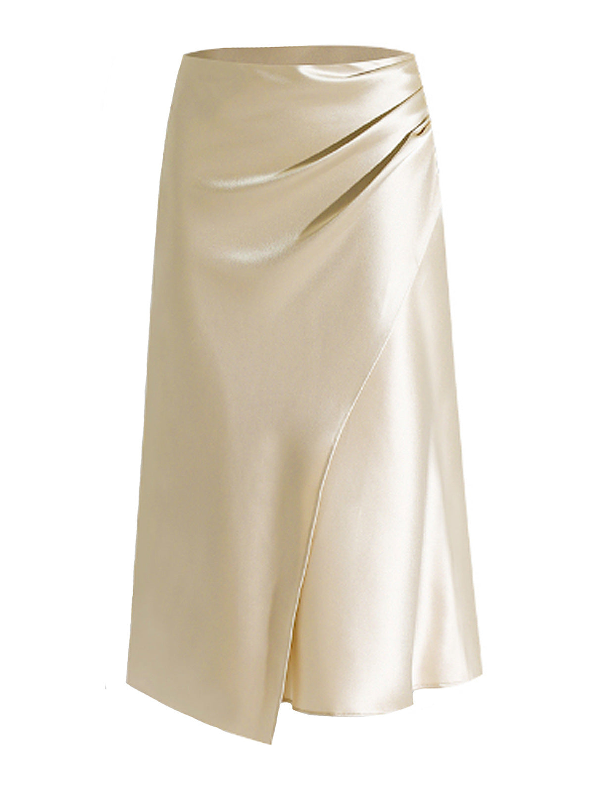 Ruched Satin Maxi Skirt With Slit - Beige