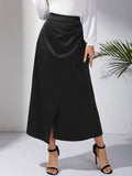 Ruched Satin Maxi Skirt With Slit - Black