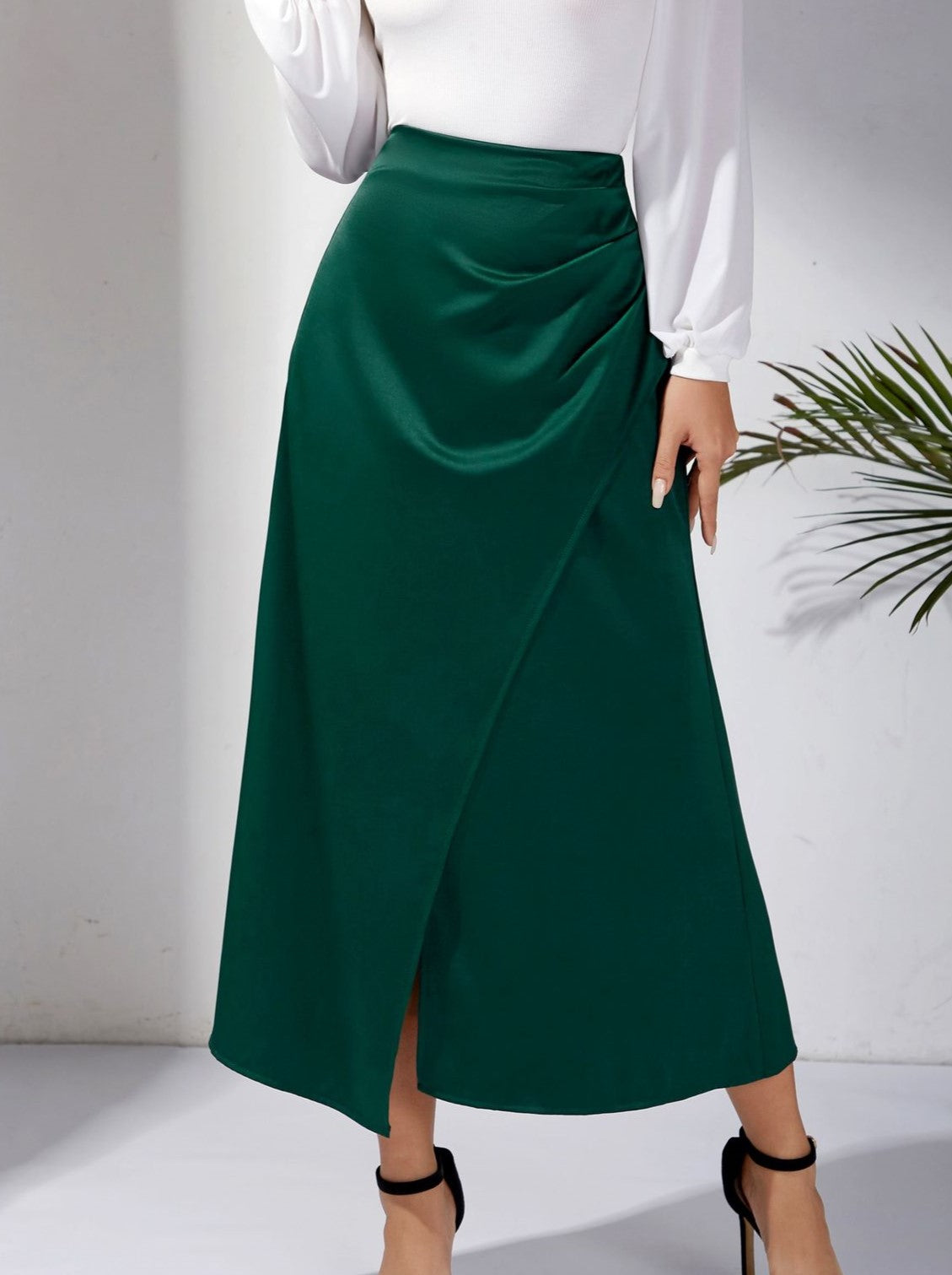 Ruched Satin Maxi Skirt With Slit - Green - 1