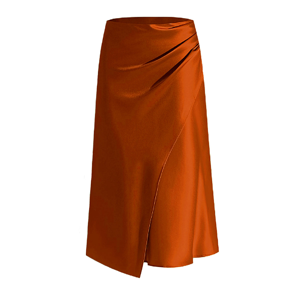 Ruched Satin Maxi Skirt With Slit - Orange
