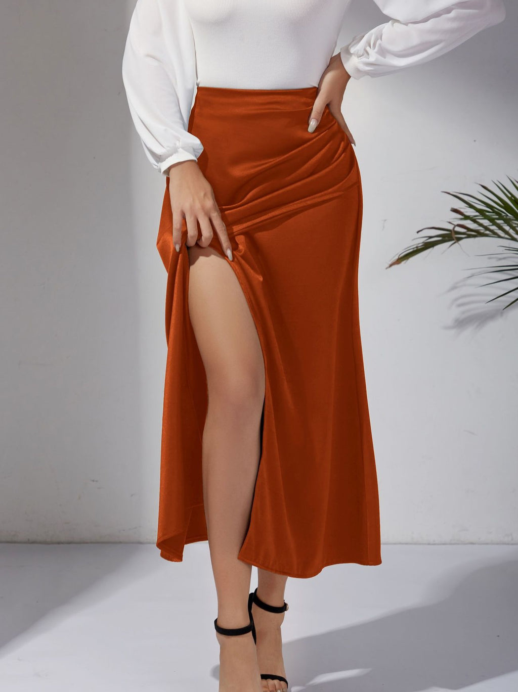 Ruched Satin Maxi Skirt With Slit - Orange - 1