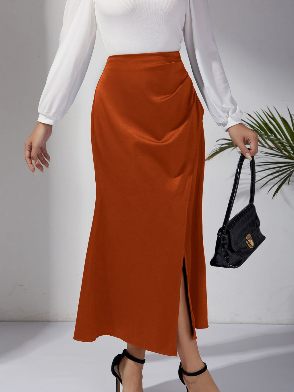Ruched Satin Maxi Skirt With Slit - Orange - 2