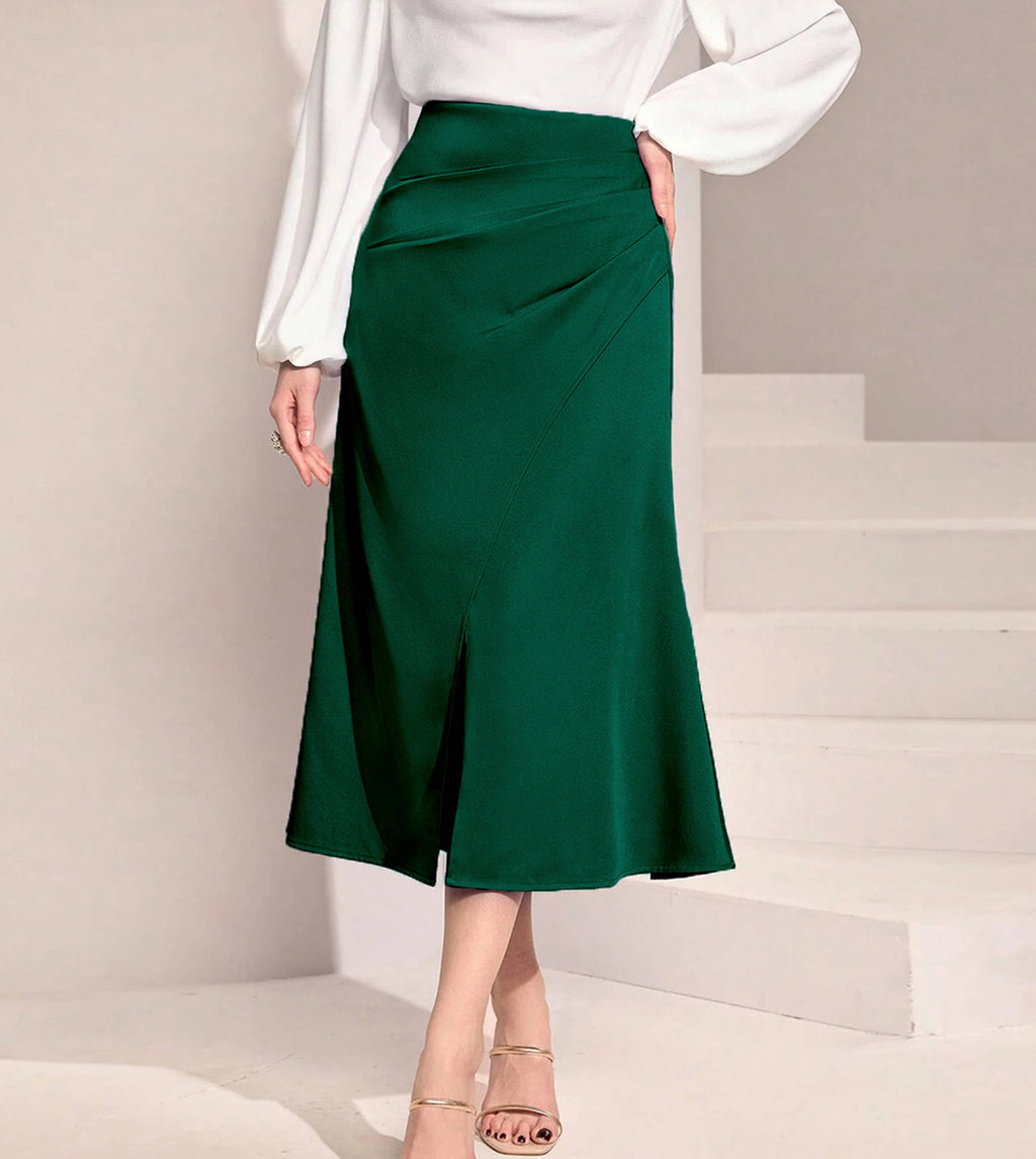 Ruched Satin Maxi Skirt With Slit