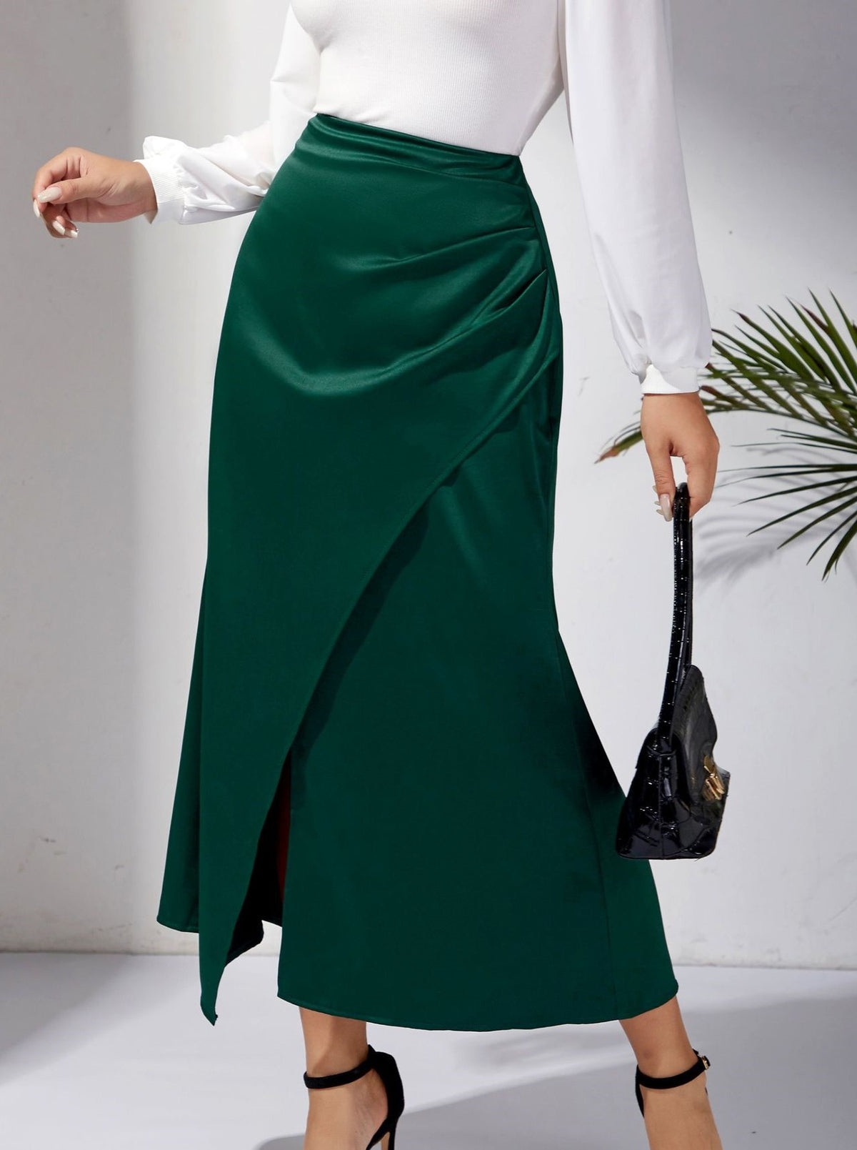 Ruched Satin Maxi Skirt With Slit - view 1
