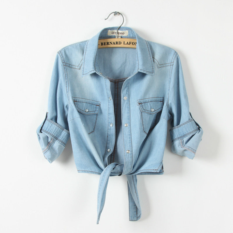 Tie Front Cropped Denim Shirt Cardigan - Blue