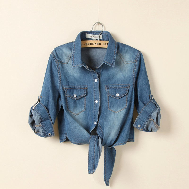 Tie Front Cropped Denim Shirt Cardigan - DarkBlue