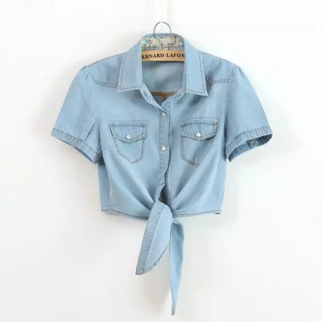 Tie Front Cropped Denim Shirt Cardigan - Short_Blue