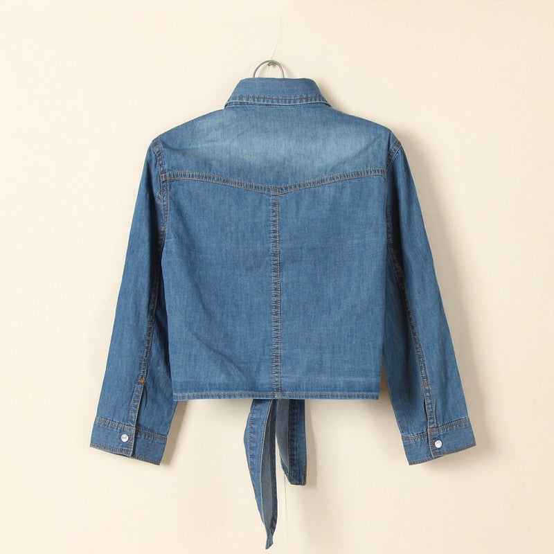 Tie Front Cropped Denim Shirt Cardigan - view 1