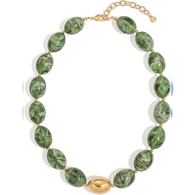 Boho Marbled Resin Oval Bead Statement Necklace - Green