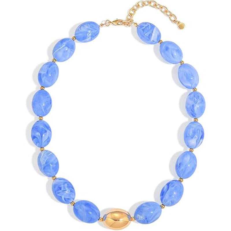 Boho Marbled Resin Oval Bead Statement Necklace - Navy