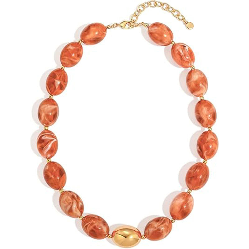 Boho Marbled Resin Oval Bead Statement Necklace - Orange