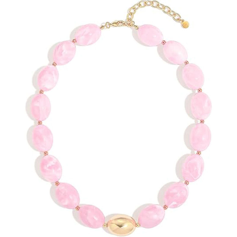 Boho Marbled Resin Oval Bead Statement Necklace - Pink