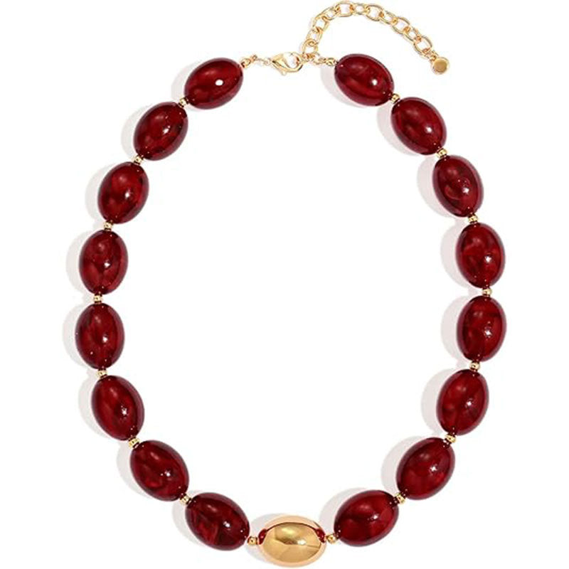 Boho Marbled Resin Oval Bead Statement Necklace - Red - 2