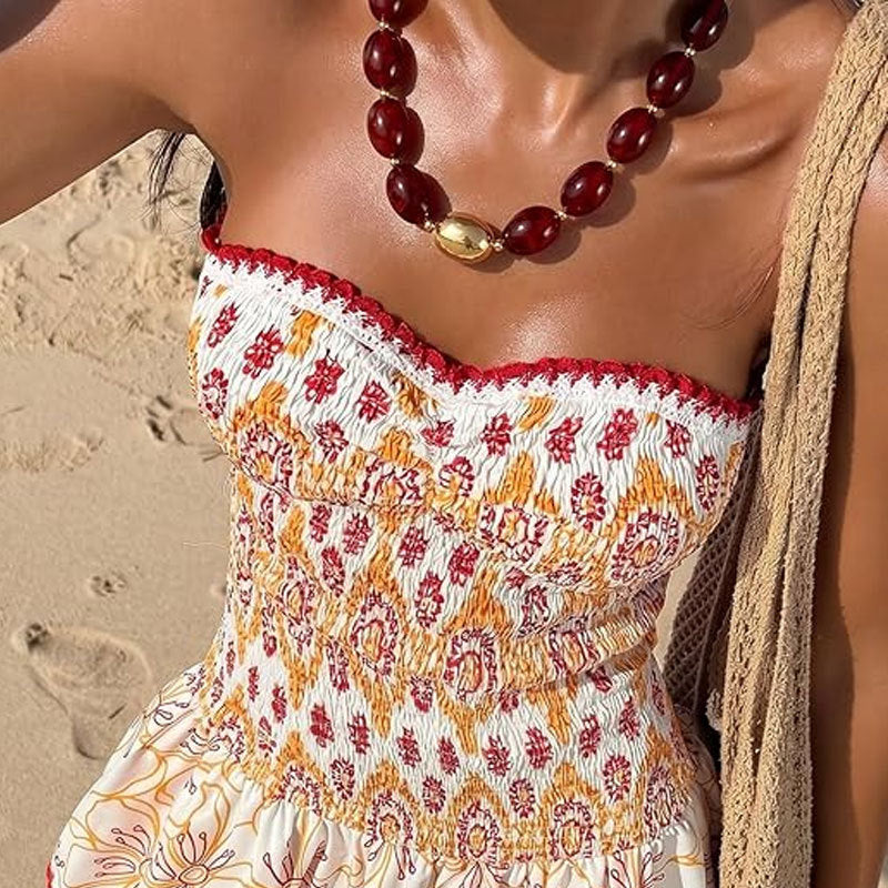 Boho Marbled Resin Oval Bead Statement Necklace - Red
