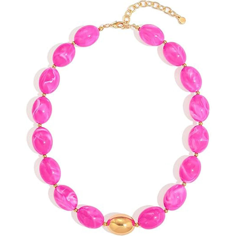Boho Marbled Resin Oval Bead Statement Necklace - Rose